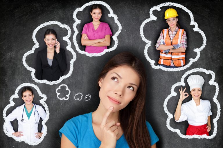 Career choice options - student thinking of future education. Young Asian woman contemplating career options smiling looking up at thought bubbles on a blackboard with images of different professions